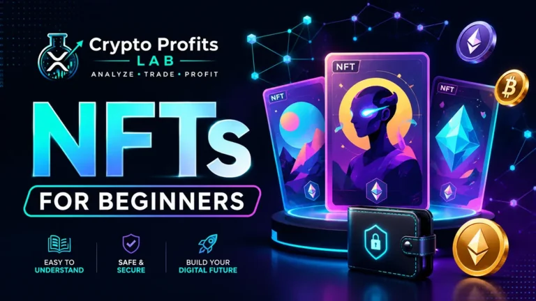 NFTs beginner guide illustration showing digital collectible cards, crypto wallet, blockchain network, and security icons