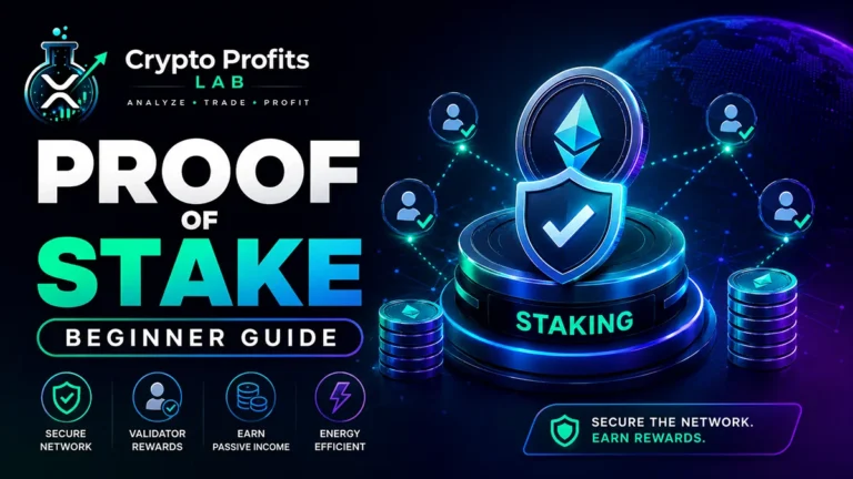 Proof of stake beginner guide illustration showing validators, staked Ethereum tokens, network security, and staking rewards