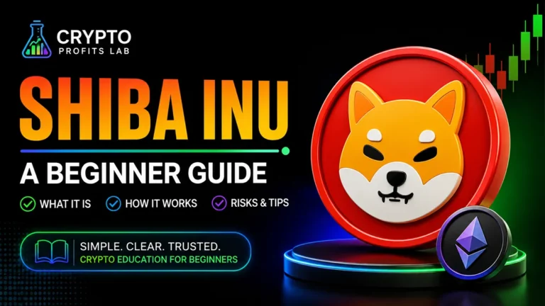 Shiba Inu beginner guide featured image with a colorful SHIB coin, Ethereum symbol, and crypto education visuals on a black background.