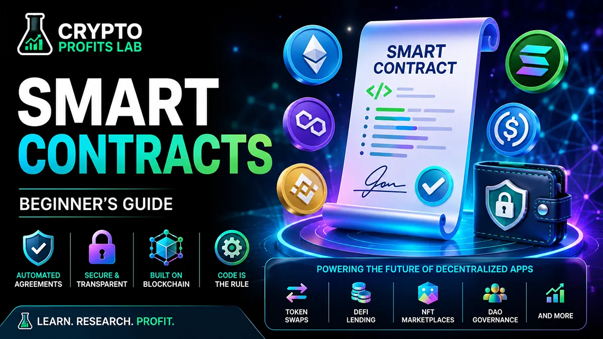 Smart contracts beginner guide illustration showing a digital contract, crypto wallet, blockchain icons, and decentralized app features