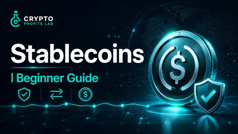Stablecoins beginner guide with secure digital dollar coin illustration