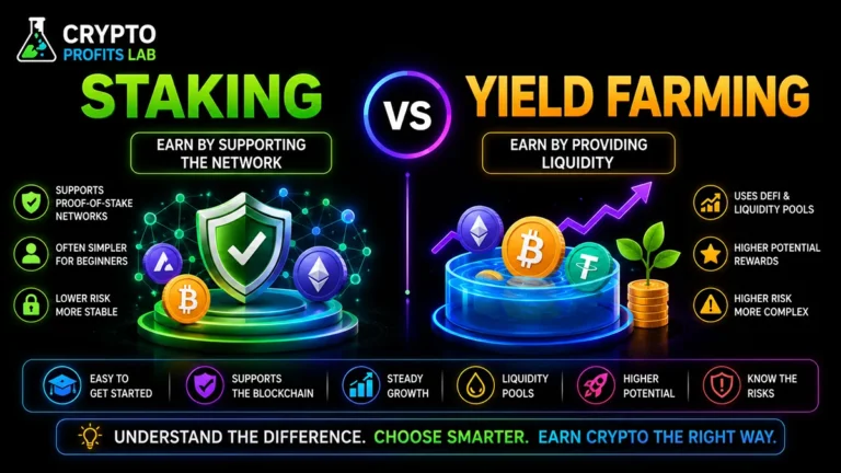 Staking vs Yield Farming featured image showing staking for proof-of-stake network support compared with yield farming through liquidity pools, rewards, and risk icons.