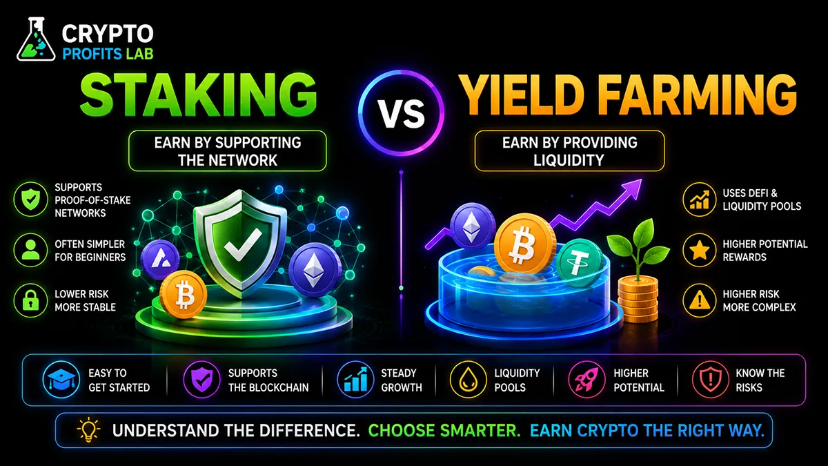 Staking vs Yield Farming featured image showing staking for proof-of-stake network support compared with yield farming through liquidity pools, rewards, and risk icons.