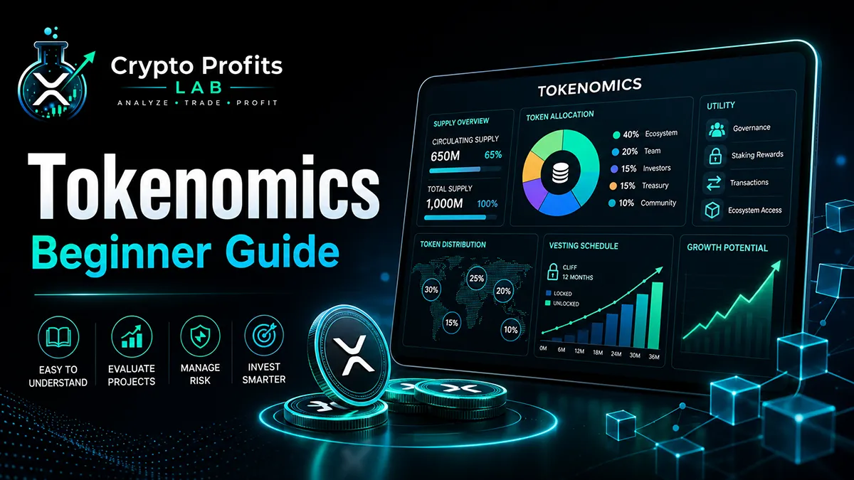 Tokenomics beginner guide illustration showing token supply, allocation chart, vesting schedule, utility icons, and crypto coins