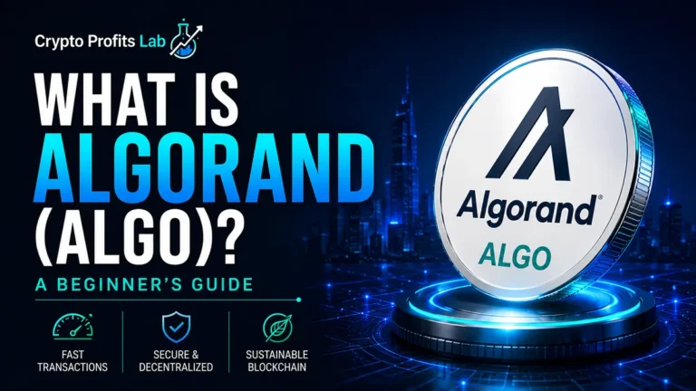 What is Algorand beginner guide with ALGO coin, Algorand logo, fast transactions, and sustainable blockchain visuals