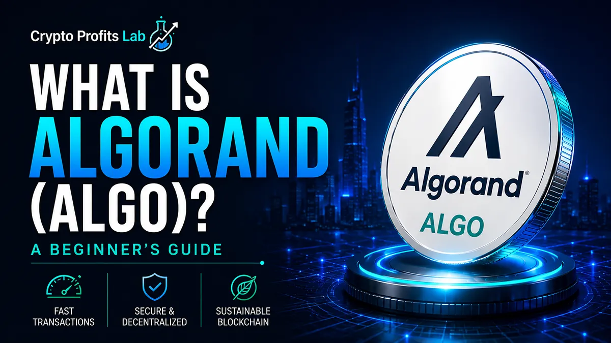 What is Algorand beginner guide with ALGO coin, Algorand logo, fast transactions, and sustainable blockchain visuals