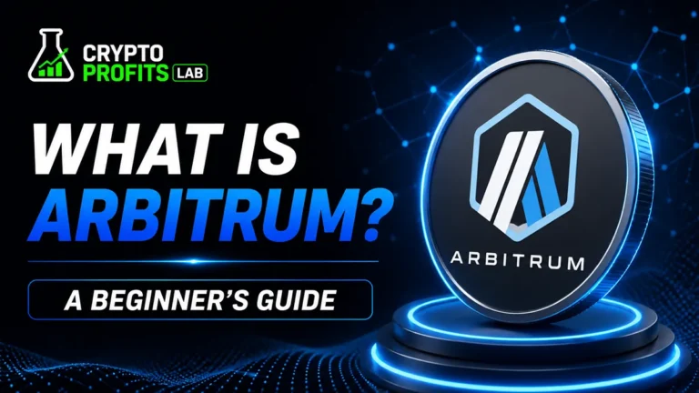 What Is Arbitrum beginner guide with ARB coin graphic and Ethereum Layer 2 blockchain design