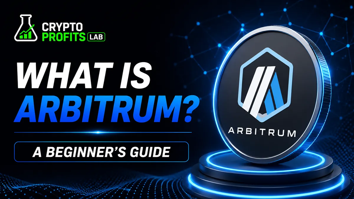 What Is Arbitrum beginner guide with ARB coin graphic and Ethereum Layer 2 blockchain design