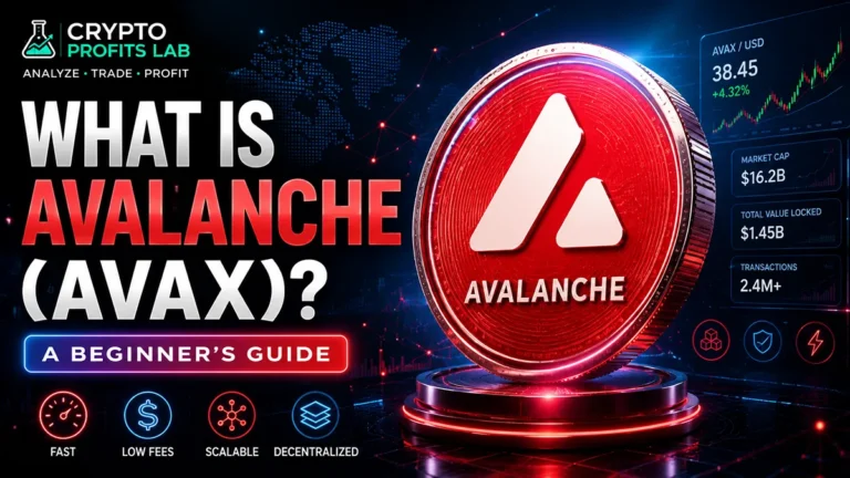 What is Avalanche AVAX beginner guide with Avalanche logo, AVAX coin, and Crypto Profits Lab branding