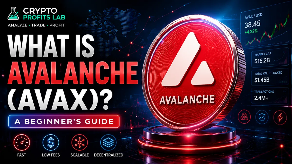 What is Avalanche AVAX beginner guide with Avalanche logo, AVAX coin, and Crypto Profits Lab branding