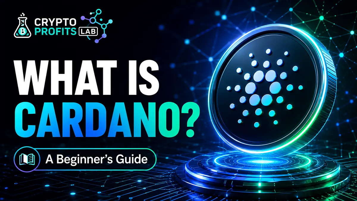 What is Cardano beginner guide with Cardano logo and Crypto Profits Lab branding