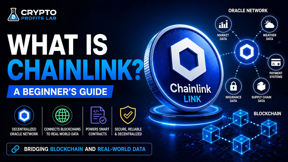 What is Chainlink beginner guide with Chainlink logo and Crypto Profits Lab branding