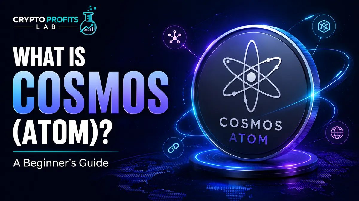 What is Cosmos beginner guide with ATOM coin, Cosmos logo, blockchain interoperability, and crypto network visuals