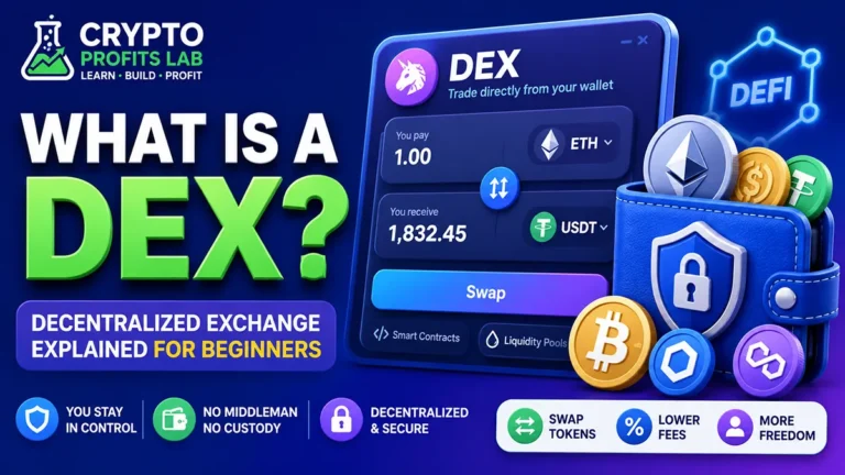 Colorful beginner-friendly What Is a DEX illustration showing a decentralized exchange swap screen, crypto wallet, coins, and security icons