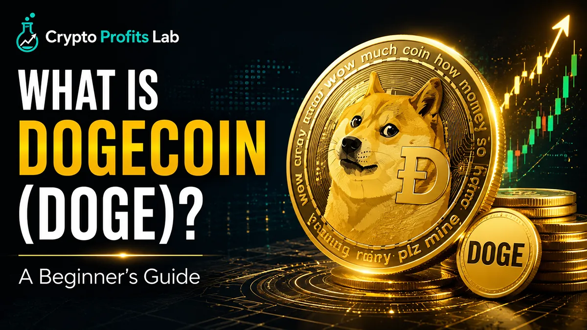 What is Dogecoin beginner guide with gold DOGE coin, Dogecoin logo, crypto chart, and Crypto Profits Lab branding