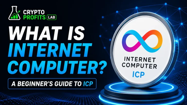 What Is Internet Computer beginner guide with ICP coin graphic and decentralized cloud blockchain design