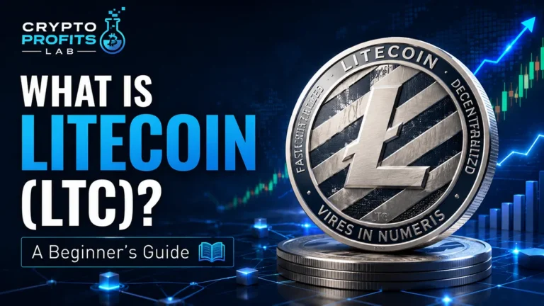 What is Litecoin beginner guide with LTC coin, Litecoin logo, crypto chart, and Crypto Profits Lab branding