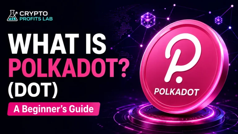 What Is Polkadot beginner guide with DOT coin, Polkadot logo, parachain graphics, and Crypto Profits Lab branding
