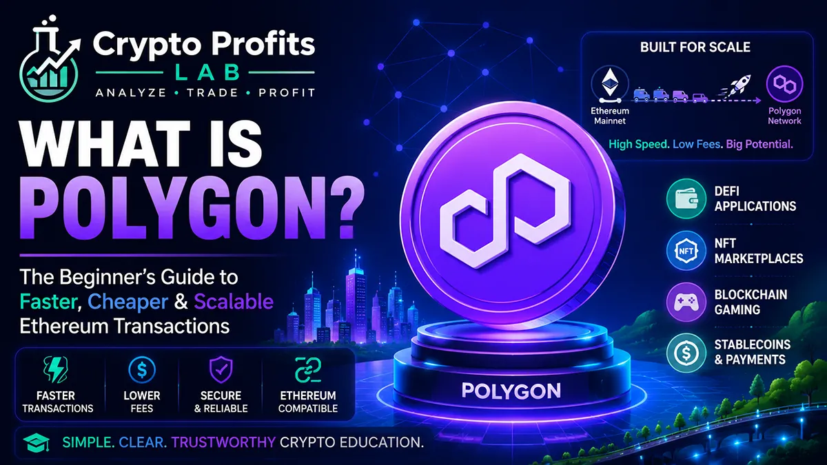 What is Polygon beginner guide illustration showing a Polygon token, scalable blockchain layers, network dashboard, and Web3 icons