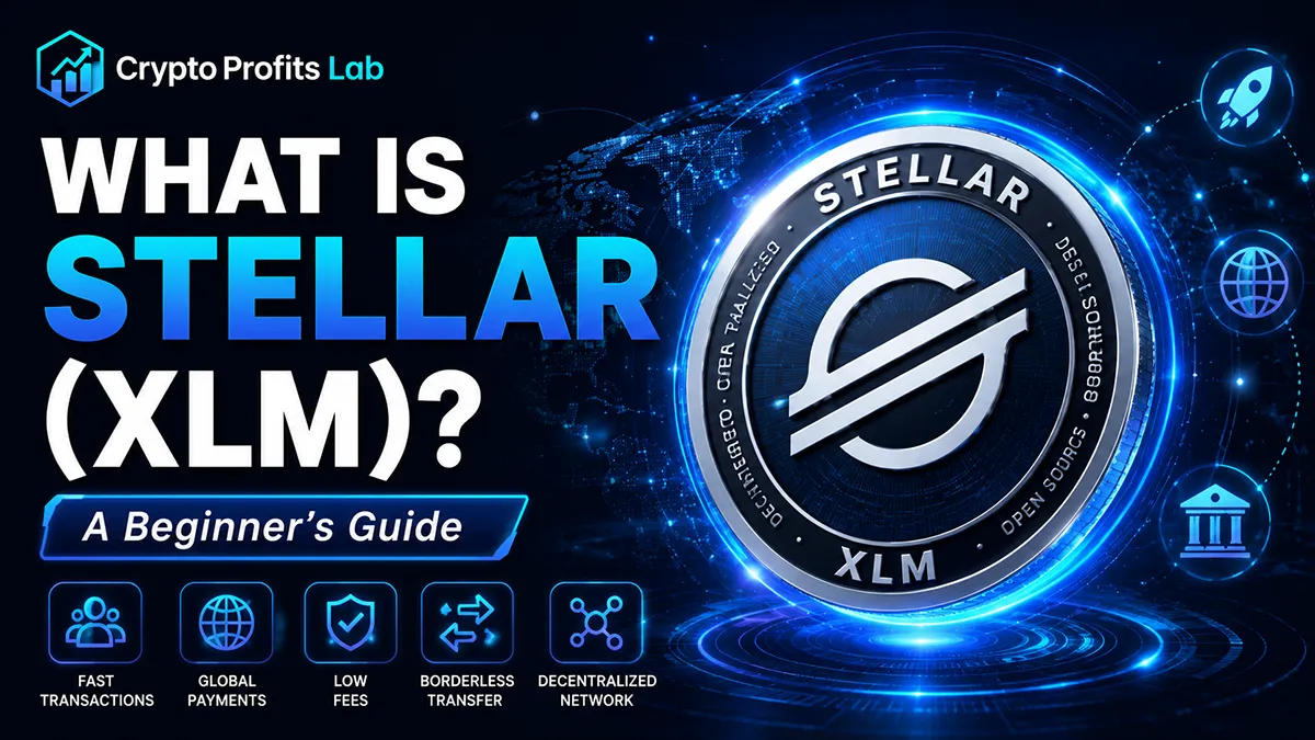 What is Stellar beginner guide with XLM logo and Crypto Profits Lab branding