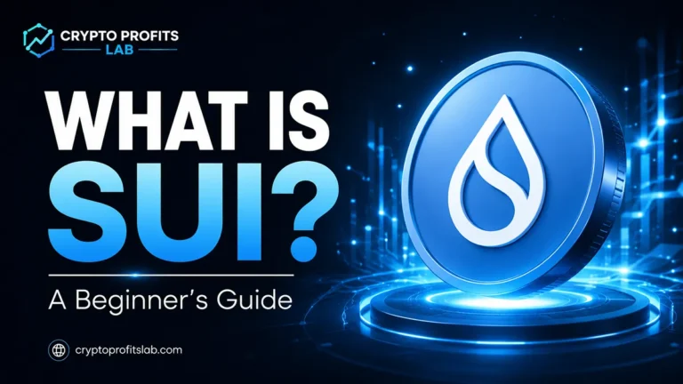 What is Sui beginner guide with SUI coin, Sui logo, blue blockchain network, and crypto education visuals