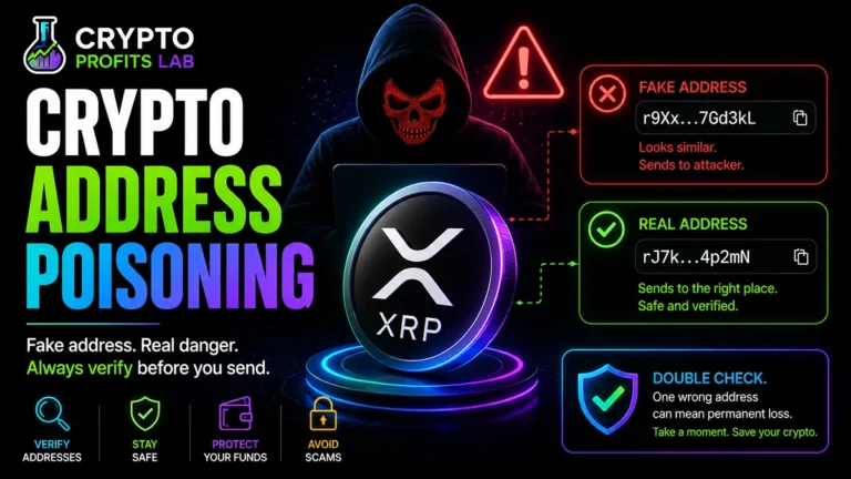 Crypto address poisoning example showing a fake wallet address beside a verified address and an XRP token to warn users before sending funds.