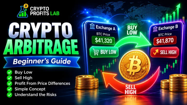 Crypto arbitrage illustration comparing Bitcoin prices on two exchanges with buy low and sell high arrows.