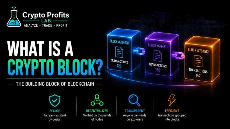 Crypto block illustration showing three connected blockchain blocks containing verified transaction data, cryptographic hashes, timestamps, and links to previous blocks.