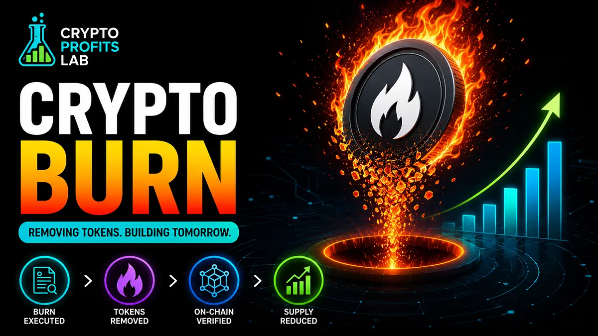 Crypto burn illustration showing a digital token being permanently removed from circulation as blockchain supply decreases.