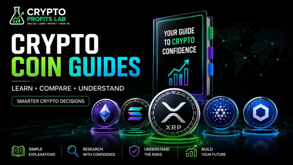 Crypto coin guides for beginners featuring an XRP token, Ethereum, Solana, Cardano, and Chainlink with a digital learning guide.