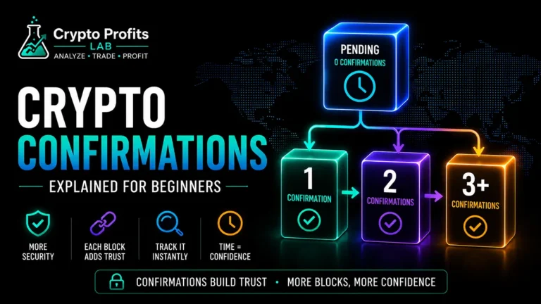 Illustration of a blockchain transaction gaining crypto confirmations as new blocks are added to the network.
