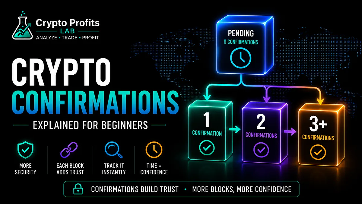 Illustration of a blockchain transaction gaining crypto confirmations as new blocks are added to the network.