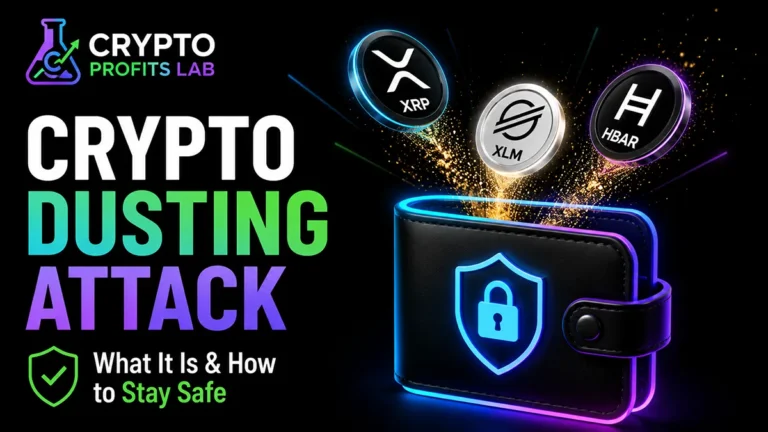 Crypto dusting attack illustration showing XRP, Stellar, and HBAR tokens entering a secure digital wallet.