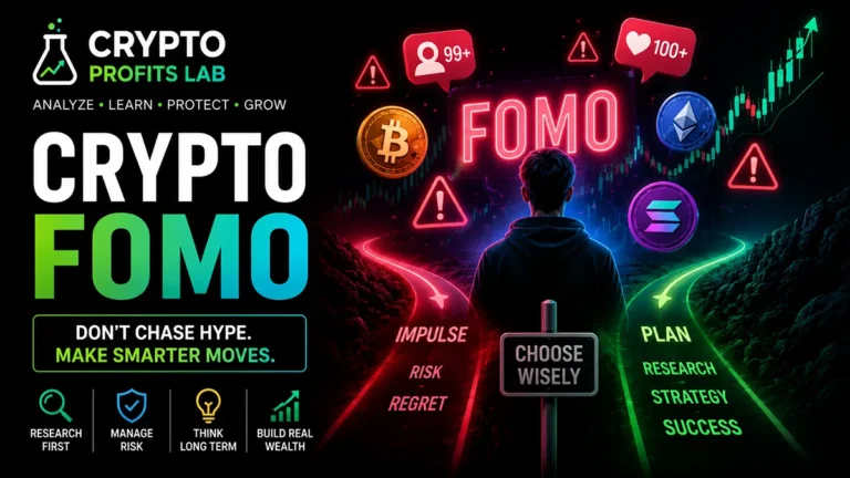 Crypto FOMO featured image showing a beginner facing hype warnings, rising charts, crypto coins, and a safer research path with risk management reminders.