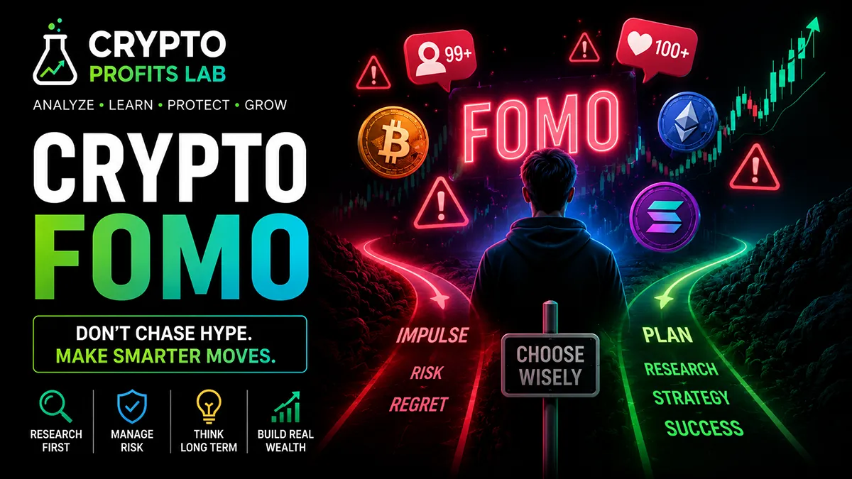 Crypto FOMO featured image showing a beginner facing hype warnings, rising charts, crypto coins, and a safer research path with risk management reminders.