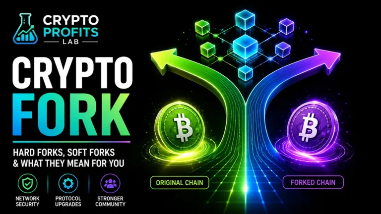 Colorful crypto fork illustration showing an original blockchain splitting into a separate forked chain.