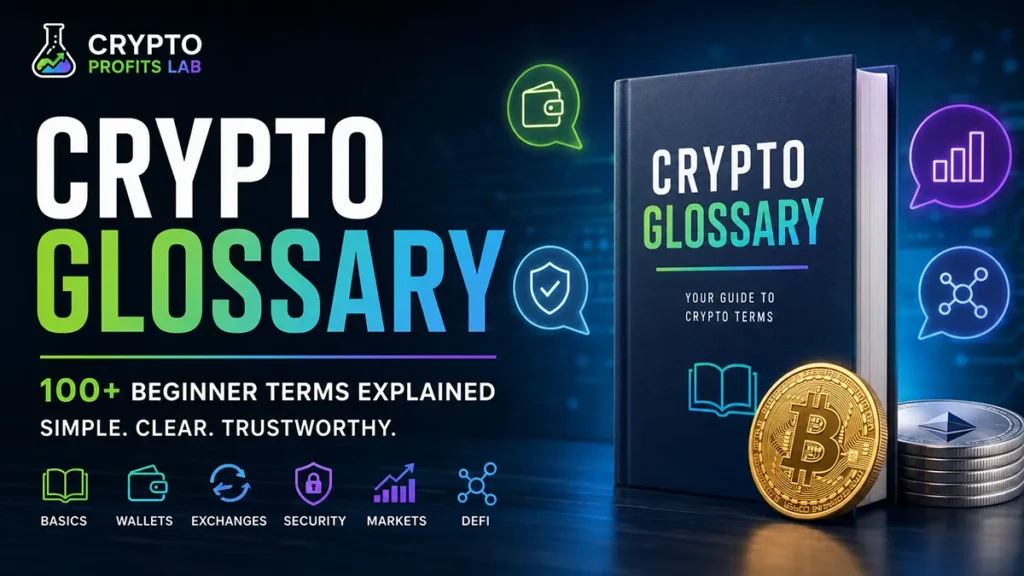 Crypto glossary for beginners featuring a reference book, Bitcoin and Ethereum coins, and icons for wallets, security, exchanges, markets, and DeFi.