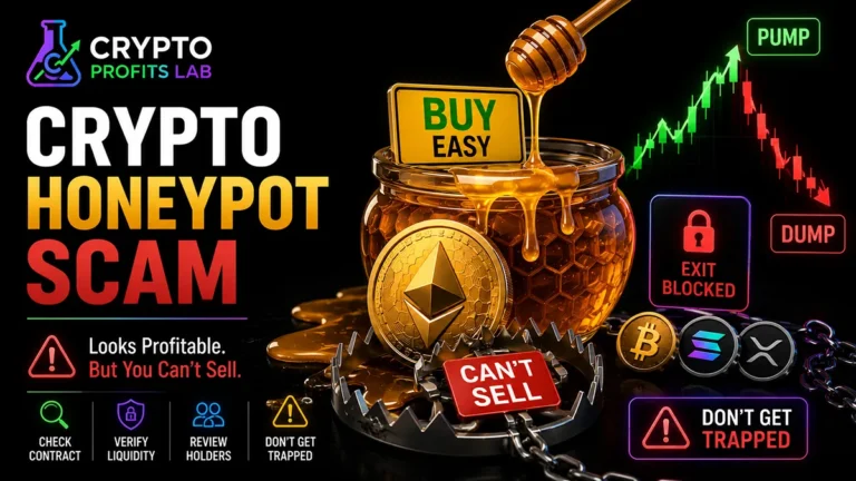 Crypto honeypot scam illustration showing a honey jar, blocked exit, bear trap, and tokens that are easy to buy but difficult to sell.