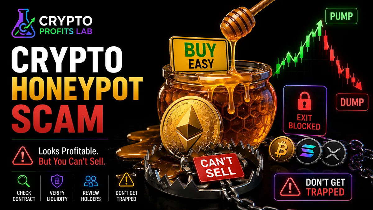 Crypto honeypot scam illustration showing a honey jar, blocked exit, bear trap, and tokens that are easy to buy but difficult to sell.