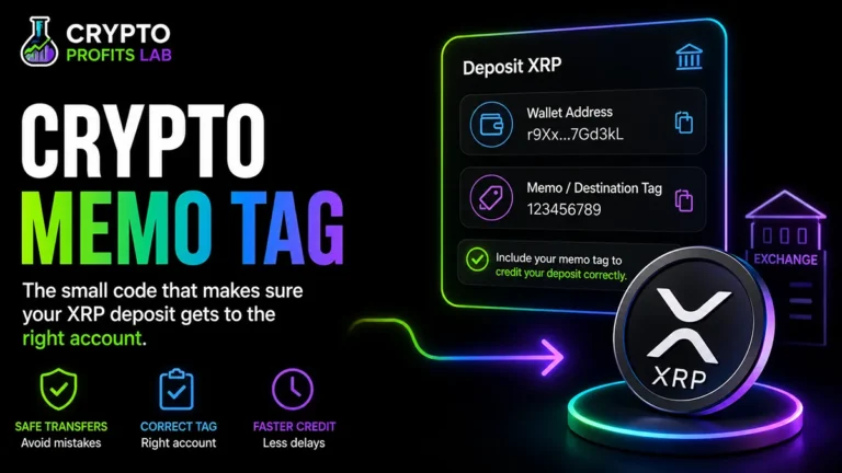 Crypto memo tag shown with an XRP deposit address and destination tag used to credit funds to the correct exchange account.