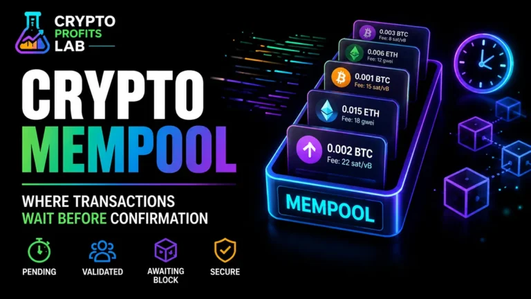 Crypto mempool illustration showing pending transactions waiting to be added to a blockchain block.