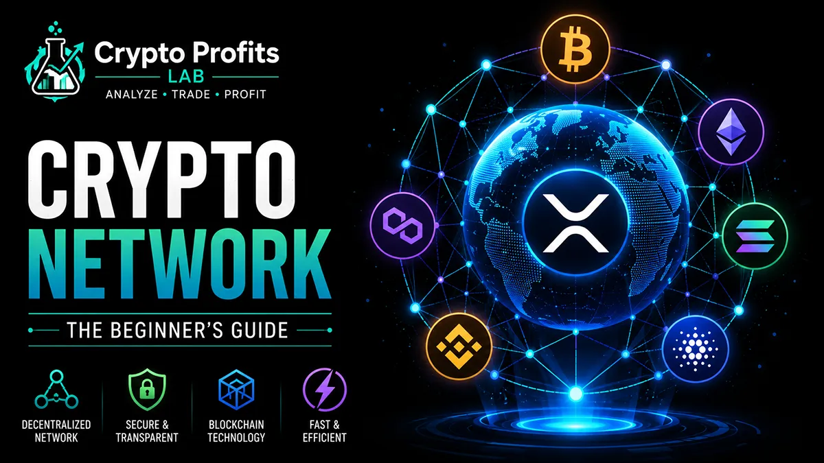 Crypto network illustration showing an XRP token at the center of a connected digital globe surrounded by Bitcoin, Ethereum, Solana, and other blockchain icons.