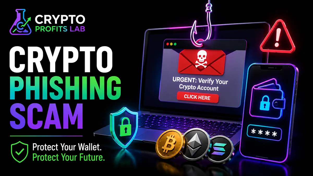 Crypto phishing scam illustration showing a fake account warning, phishing hook, secure wallet, and cryptocurrency tokens.