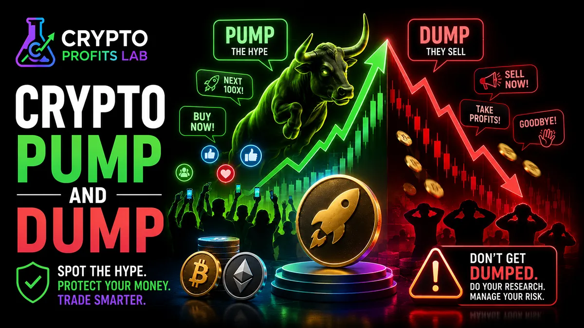 Crypto pump and dump illustration showing a green price surge followed by a red market crash and investor warning signs.