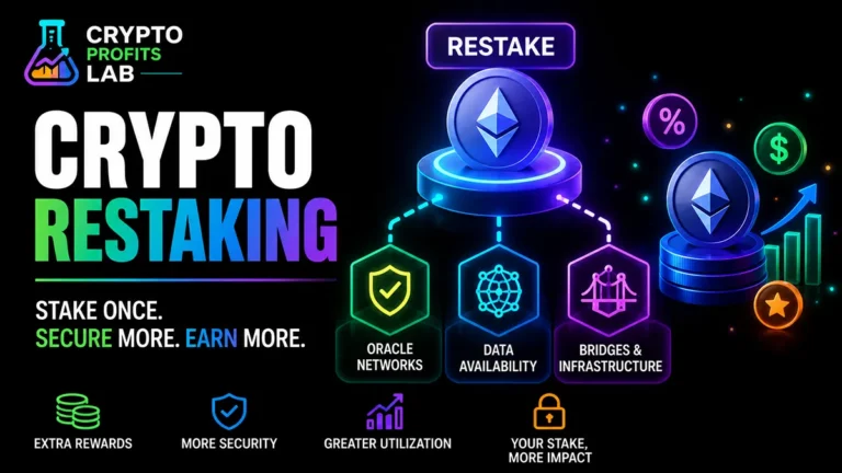 Crypto restaking illustration showing staked Ethereum securing additional blockchain services and earning extra rewards.