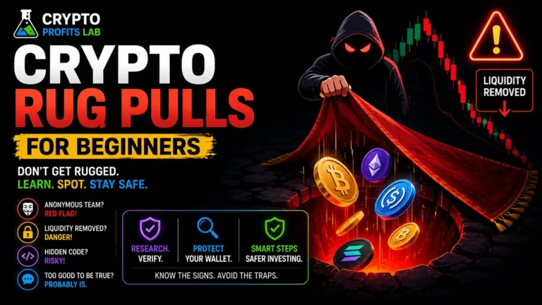 Crypto rug pulls featured image showing a hooded scammer pulling a rug over a pit with falling crypto coins, warning signs, red flags, wallet protection, and research reminders.