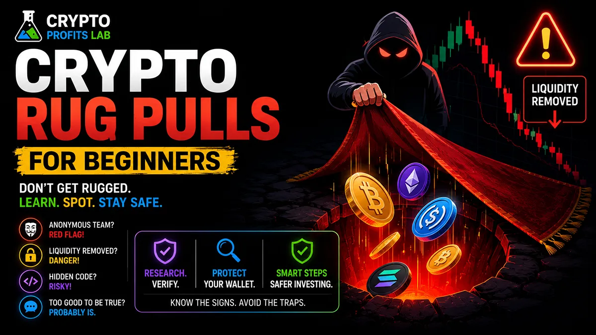 Crypto rug pulls featured image showing a hooded scammer pulling a rug over a pit with falling crypto coins, warning signs, red flags, wallet protection, and research reminders.