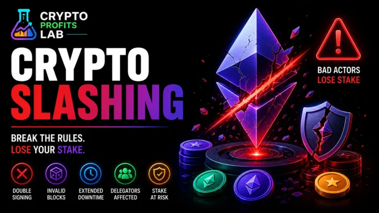 Crypto slashing illustration showing a damaged staked token caused by validator rule violations and penalties.