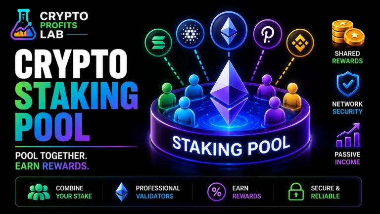 Crypto staking pool illustration showing multiple participants combining their assets to support validators and earn shared staking rewards.
