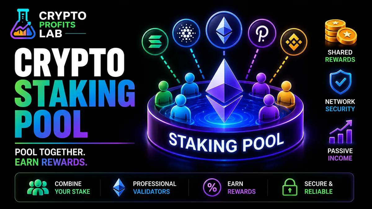 Crypto staking pool illustration showing multiple participants combining their assets to support validators and earn shared staking rewards.